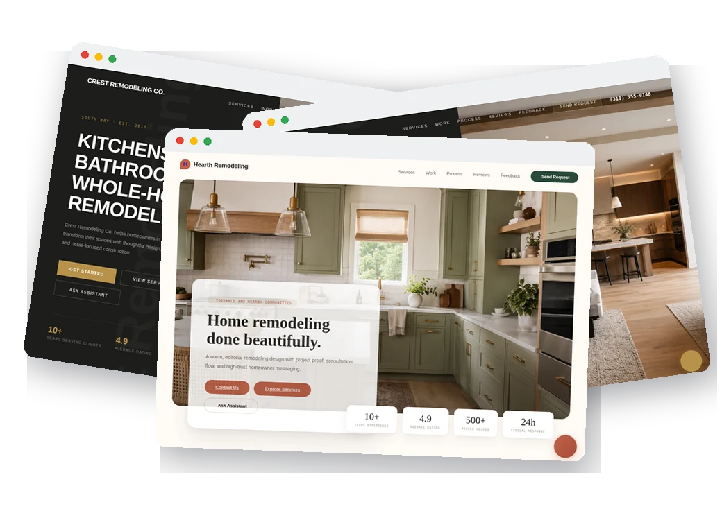 Three real MightyMax website templates stacked — Crest, Hearth, and Haven